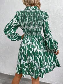 SHEIN LUNE All-Over Printed Shirred Lantern Sleeve Dress - Multicolor - View 2