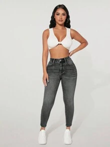 SHEIN PETITE 高腰纽扣缀饰紧身弹力破洞Y2K牛仔裤保暖内衬口袋紧身牛仔裤秋冬季加厚牛仔 - 黑色 - 查看 4