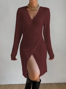 Chiquease Cross Wrap Ribbed Knit Sweater Dress - Burgundy - View 4