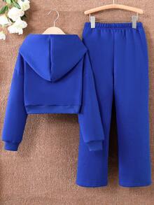 SHEIN Cô gái Tween Màu thuần áo có mũ Giải trí 2 cái/bộ - Xanh đậm - Xem 2