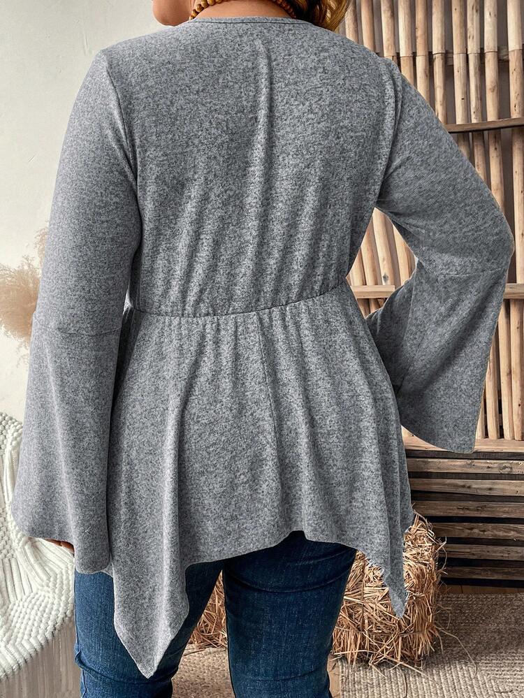 Plus Size Knotted Neckline Flare Sleeves Asymmetrical Hem Frill Trim T-shirt