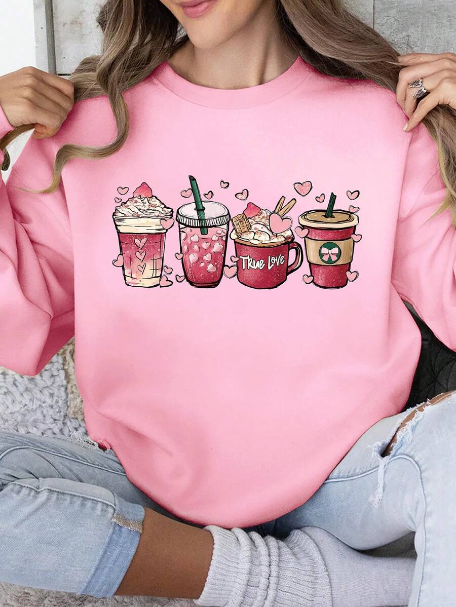 INAWLY 饮料印花休闲圆领运动衫、长袖上衣