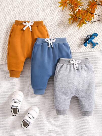 SHEIN Vintaside Kids 3pcs/Set Baby Boys' Casual Simple Style Comfortable Sports Pants With 3d Bow Tie, Daily & Home Wear Chic Outfits For Autumn/Winter