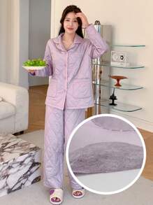 DAZY Thickened Embroidered Home Wear Suit With Letters - Purple - View 5