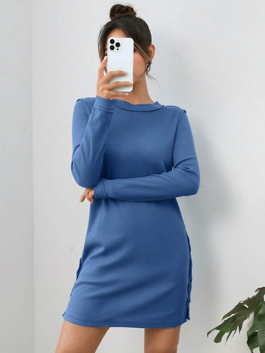 SHEIN EZwear Blue Knitted Long Sleeve Dress - Blue - View 1