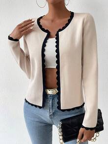 SHEIN LUNE Thời gian rảnh rỗi Của phụ nữ Curvy Cạnh Tay áo dài Áo len Mở - Đen và trắng - Xem 6