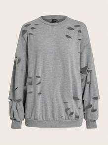 SHEIN ICON Einfarbiges Sweatshirt Mit Gerissenen Schultern Und Tiefem Schnitt - Grau - Übersicht 2