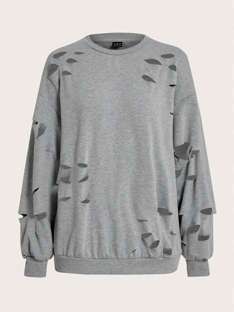 Solid Ripped Drop Shoulder Sweatshirt