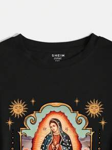 SHEIN LUNE Plus Size Women's Sun & Human Face Printed T-shirt - Black - View 5