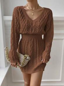 Chiquease Cable Knit V-Neck Bodycon Dress Fall Cloth For Women - Brown - View 5
