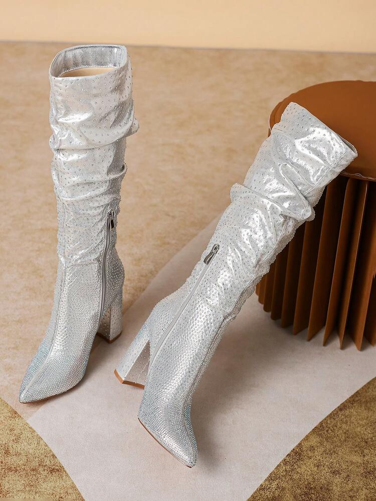 Women's Fashionable Rhinestone Studded High Heel Boots