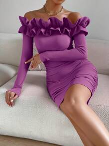 SHEIN Privé Váy ôm sát xếp nếp xếp nếp phóng đại hở vai - Màu tím  Violet - Xem 5