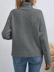 SHEIN Essnce 高領純色休閒毛衣 - 灰色 - 查看 2