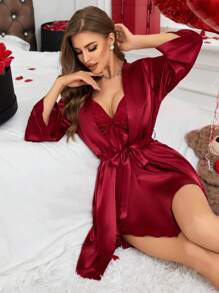 蕾絲拼接緞面睡衣套裝 - 酒紅色 - 查看 4