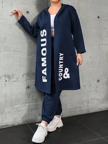 Calvaya Plus Size Women's Letter Printed Hooded Fleece Jacket And Pants Set - Navy Blue - View 3