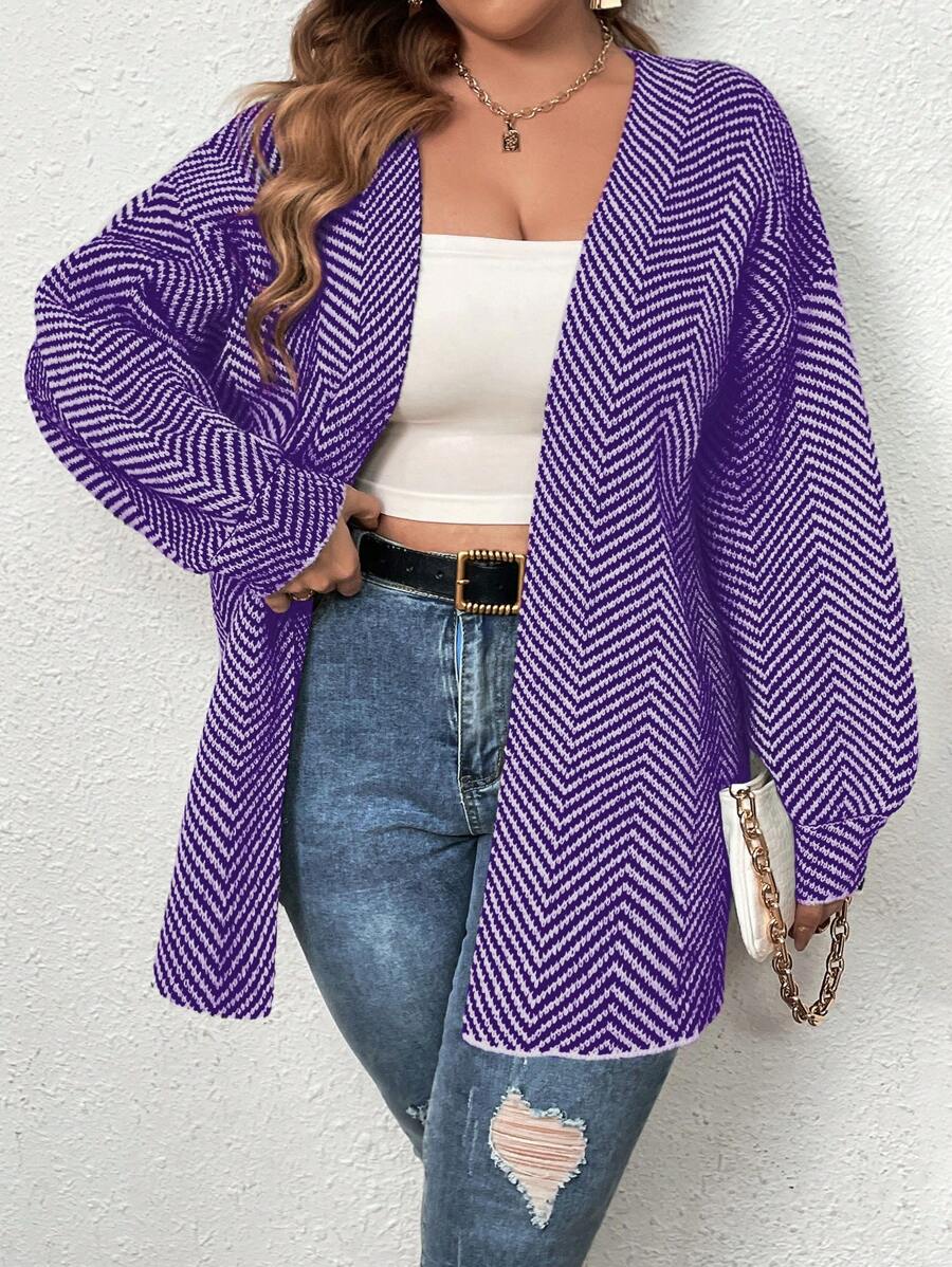 SHEIN Franclia 大尺碼鬆身仿斜紋開衫編織,直落肩設計 - 紫色 - 查看 1