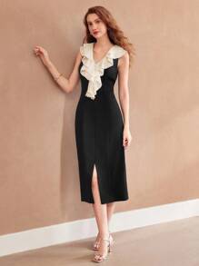 MOTF PREMIUM 编织女式撞色荷叶边开衩下摆连衣裙，情人节装 - 黑色 - 查看 2