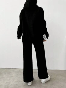 SHEIN Cottnline Zip Up Drawstring Hoodie & Flare Leg Pants - Black - View 2