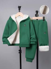 SHEIN Young Boys' Patch Hoodie With Thermal Lined And Pants Two Piece Set - Dark Green - View 1