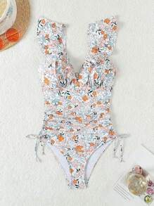 SHEIN Swim Ruffled One-Piece Swimsuit With Drawstring And Pleats, Ditsy Floral Print Summer - Multicolor - View 3