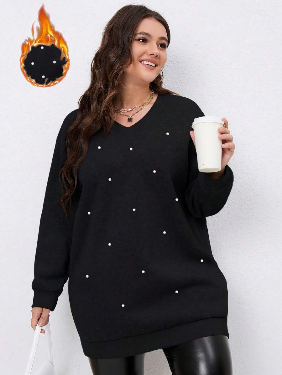 Calvaya Sudadera con cuello redondo y aplicaciones de perlas falsas, ideal para otoño - Negro - Ver 1
