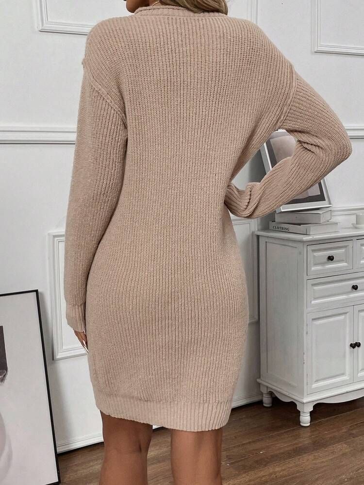 Solid Color Drop Shoulder Sweater Dress Fall Cloth For Women