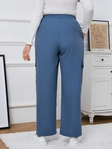SHEIN Essnce Màu thuần Kích thước lớn Giải trí Quần Cargo - Màu xanh bụi bặm - Xem 2