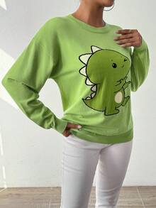 SHEIN Essnce 卡通恐龍圖案落肩毛衣 - 綠色 - 查看 5