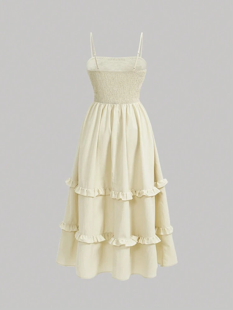 Women's Solid Color 3d Flower Design Ruffle Hem Spaghetti Strap Dress