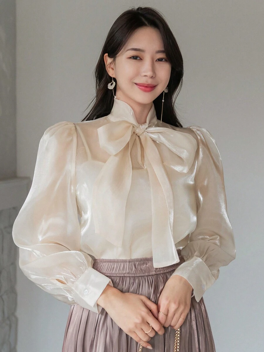 DAZY 1件女士商务休闲纯色缎带领衬衫，秋季长袖上衣外出上衣 - 香檳色 - 查看 1