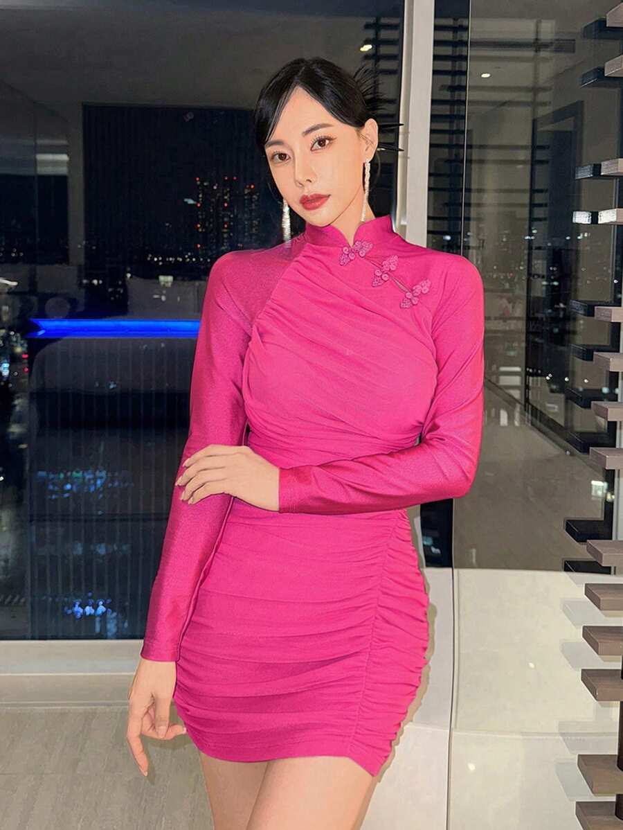 EastFlair Women's Bodycon Dress With Pleated Design And Buckle Detail - Hot Pink - View 1