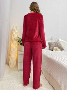 Bear & Letter Embroidery Flannel PJ Set / Fluffy Pajama Set Cozy And Elegant Details, Fall Winter Clothes
