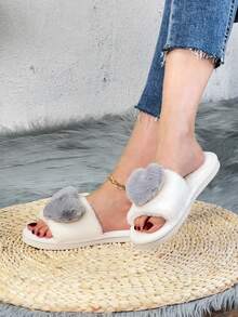 女士冬季毛茸茸拖鞋,夏季戶外2023新款韓國仙女風牛仔短裙芭蕾平底鞋,新款女拖鞋,適合室內外穿著,仙女韓國平底鞋 - 灰色 - 查看 4