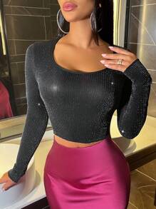 Allurite Shiny Silk Long-sleeved Tight Short T-shirt - Black - View 1