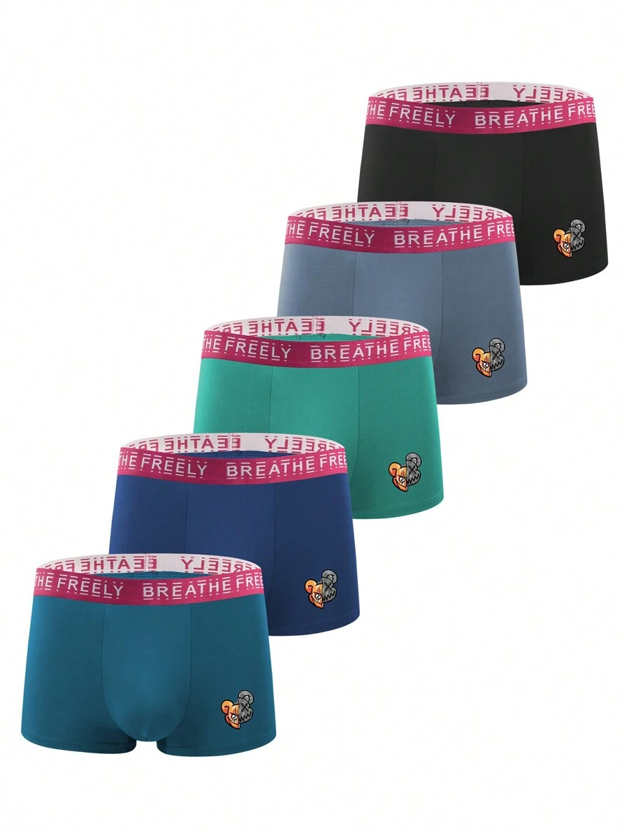 5pcs Men'S Letter Printed Cartoon Boxer Briefs - Multicolor - View 1