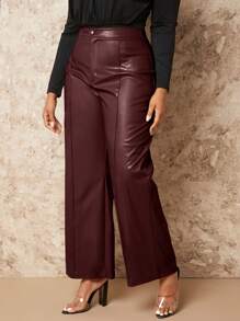SHEIN BAE Kích thước lớn Da giả Eo cao Giò thẳng Quần - Màu Đỏ Sâu - Xem 4