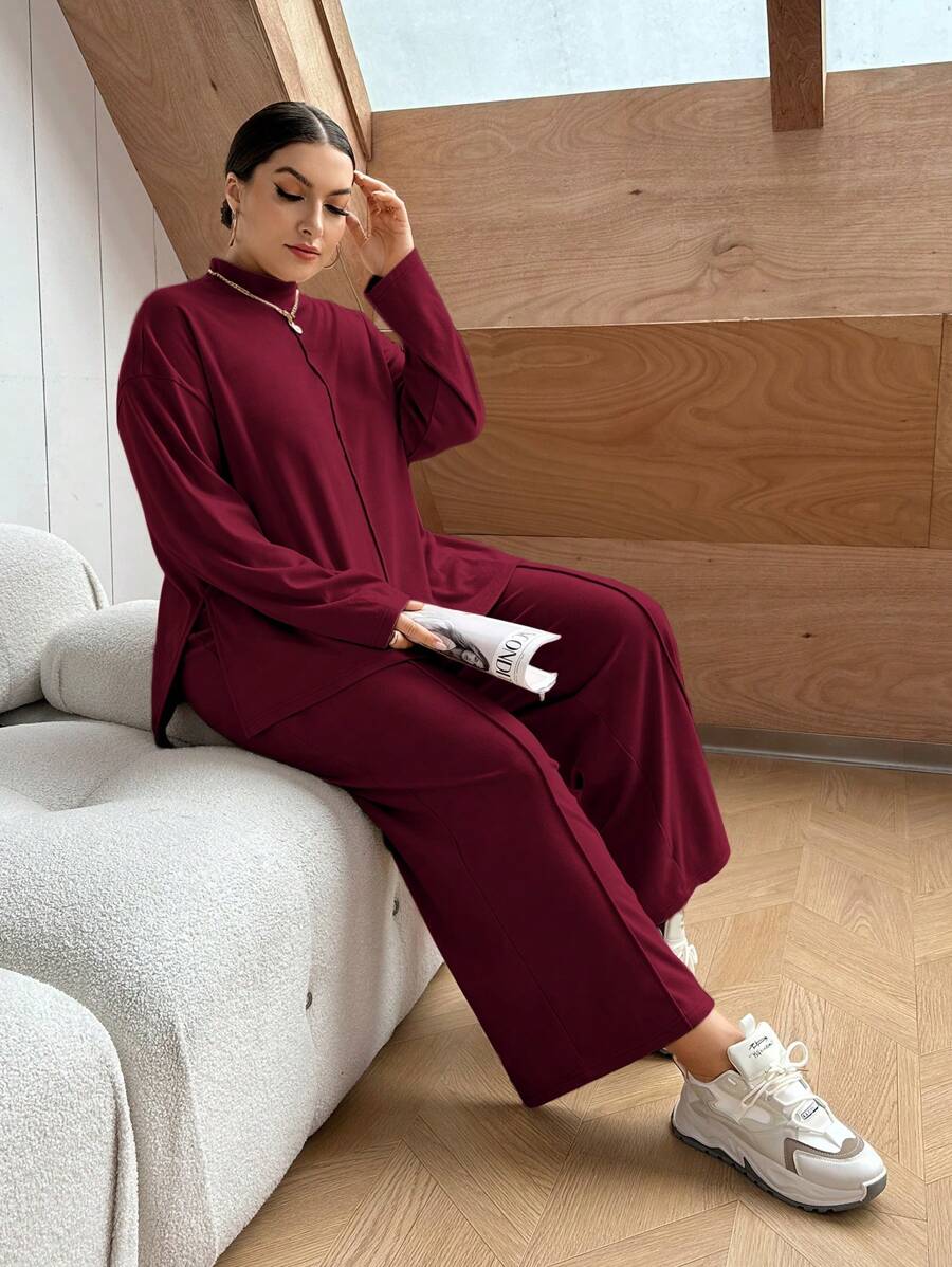 SHEIN Essnce 大码纯色上衣和裤子两件套 - 酒紅色 - 查看 1