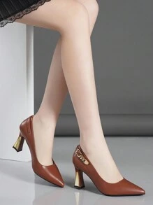 女士时尚搭扣装饰平底便鞋，四季皆宜的百搭舒适正装鞋，优雅女士高跟鞋，优雅 - 棕色 - 查看 2