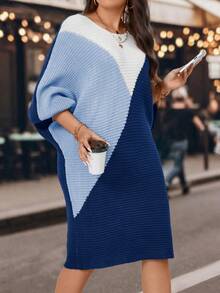 Calvaya 大尺寸拼色蝙蝠袖毛衣裙 - 彩色 - 查看 5