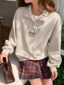 DAZY Nửa Zip Giải trí Áo nỉ Với In - Màu be - Xem 1