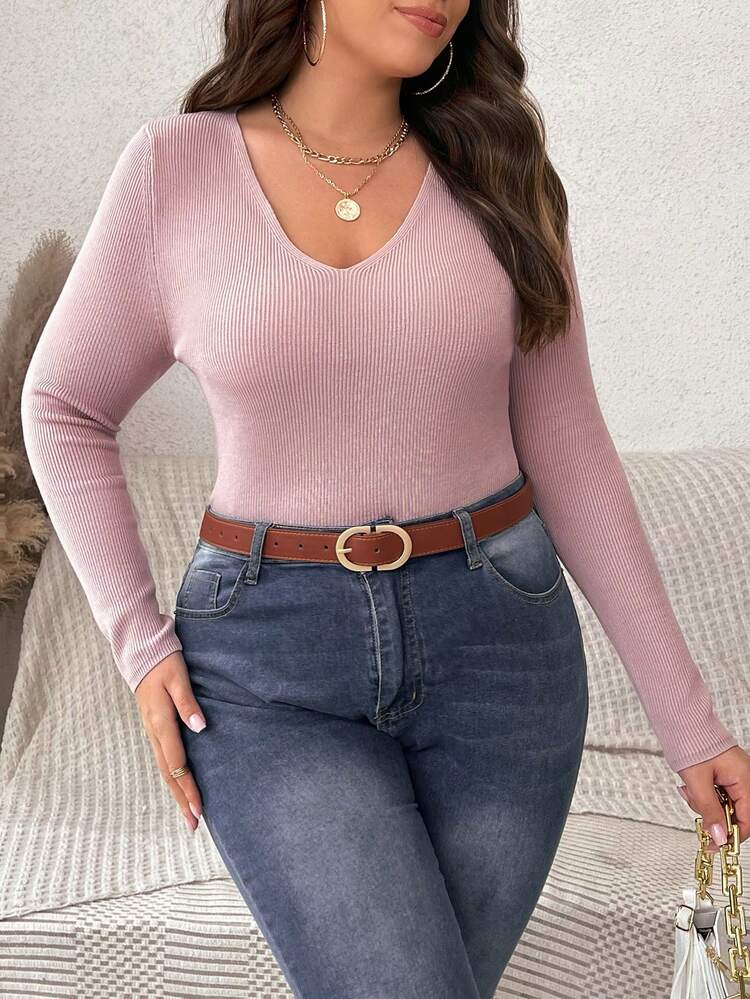 Plus Size Women's V-Neck Ribbed Sweater Knit Pullover Fall Winter Sweater
