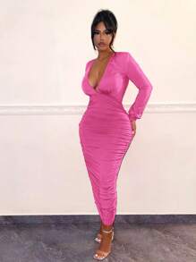 SHEIN SXY Women's Solid Color Deep V-neck Pleated Dress - Pink - View 5