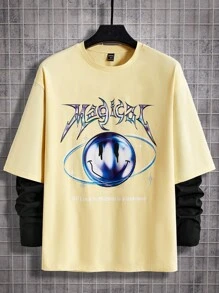 Manfinity VCAY Men'S Drop Shoulder T-Shirt With Printed Slogan And Face - Yellow - View 1