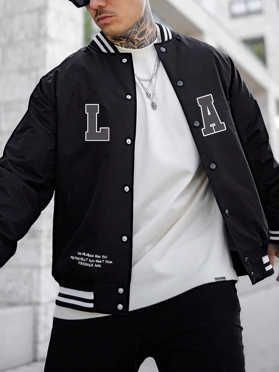 Chaqueta De Hombre Con Impresión De Letras Y Eslogan - Negro - Ver 1