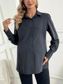 SHEIN Maternity Solid Color Button-front Casual Shirt - Black - View 1