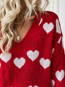 Chiquease Heart Pattern Drop Shoulder Sweater Knit Pullover Fall Winter Outfit - Red - View 7