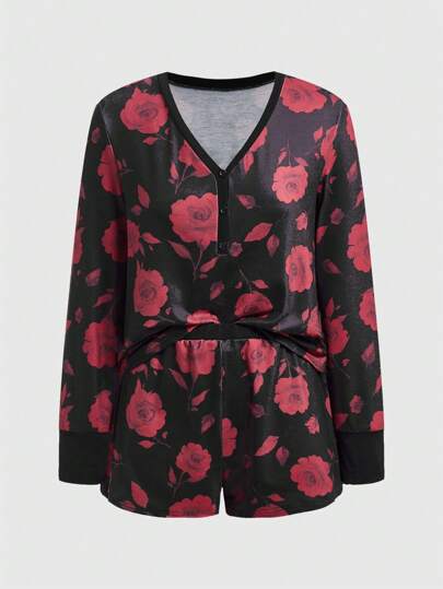 Halb Offener Knopfverschluss Rose Blumen Muster Langarmshorts Pyjama-set
