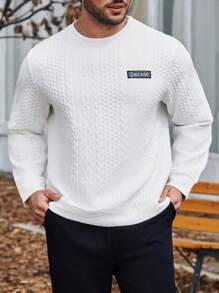 SHEIN Manfinity Homme 男士加大尺碼長袖休閒運動衫,帶修補文字 - 白色 - 查看 3