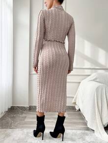 RueChic Monochrome Mushroom Hem Long Sleeve Two-piece Set - Beige - View 2