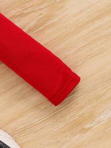 SHEIN 女童針織拼色t卹,圓領連肩袖設計,休閒短款上衣 - 紅色 - 查看 4